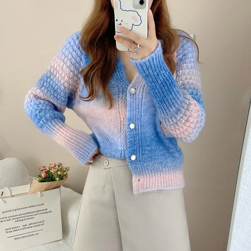 HELIAR Elegant Women Rainbow Cardigan Japan Casual Long Sleeve Gradient Knitted Coats Sweet Casual Design Female Fashion Sweater