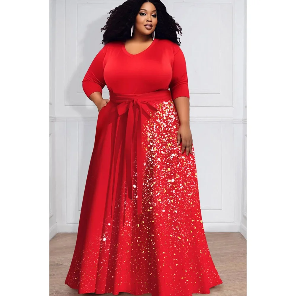 Plus Size Semi Formal Maxi Dresses Casual Red Gradient SequinFall Winter V Neck 3/4 Sleeve Wrap Knitted Maxi Dresses With Pocket