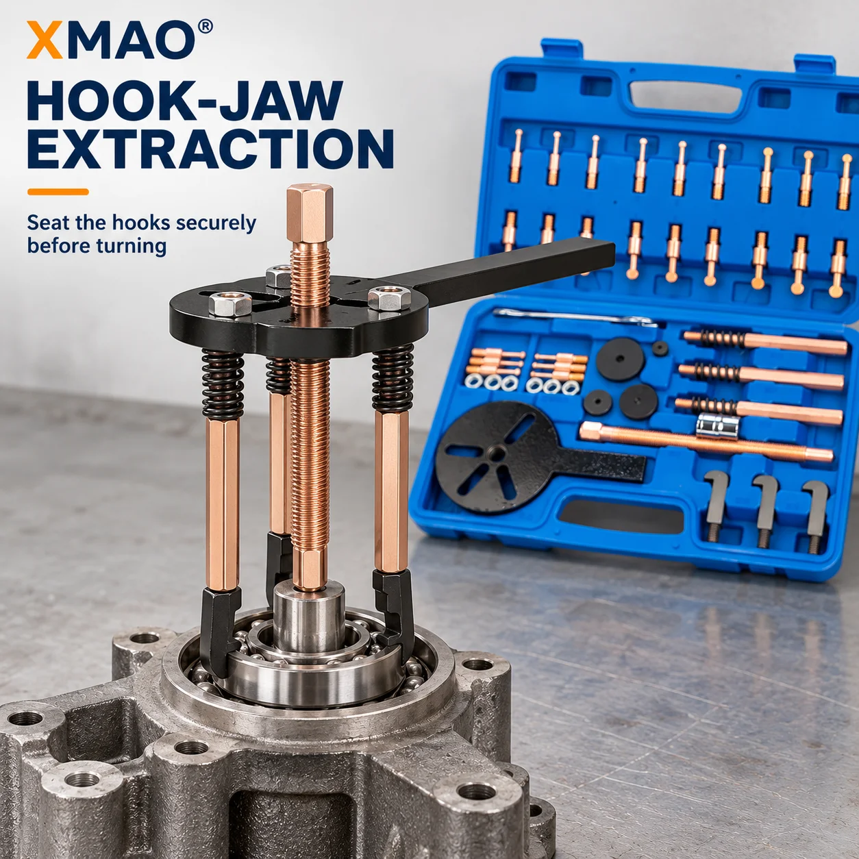 XMAO Bearing Puller Tool Set with Slotted Plate, Screw Spindle and Interchangeable Heads for Bearing Extraction and Repair