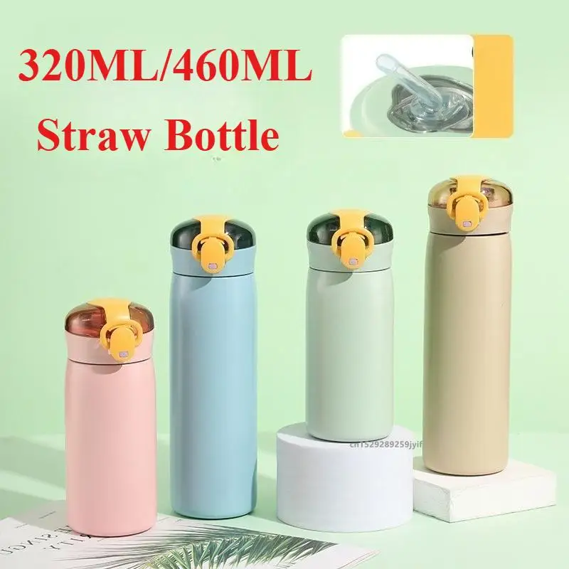 1pcs 320/460ML Stainless Steel Thermal Bottle Portable Kids Straw Mug Cold And Hot Thermal Thermos Student Water Bottle