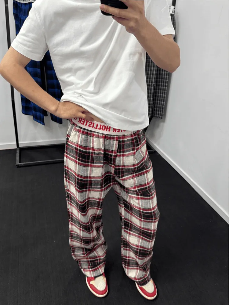 

Vintage American Red Plaid Men's Summer Lazy Style Checkered Loose Straight Casual Pants Breathable Comfortable Straight Leg ...