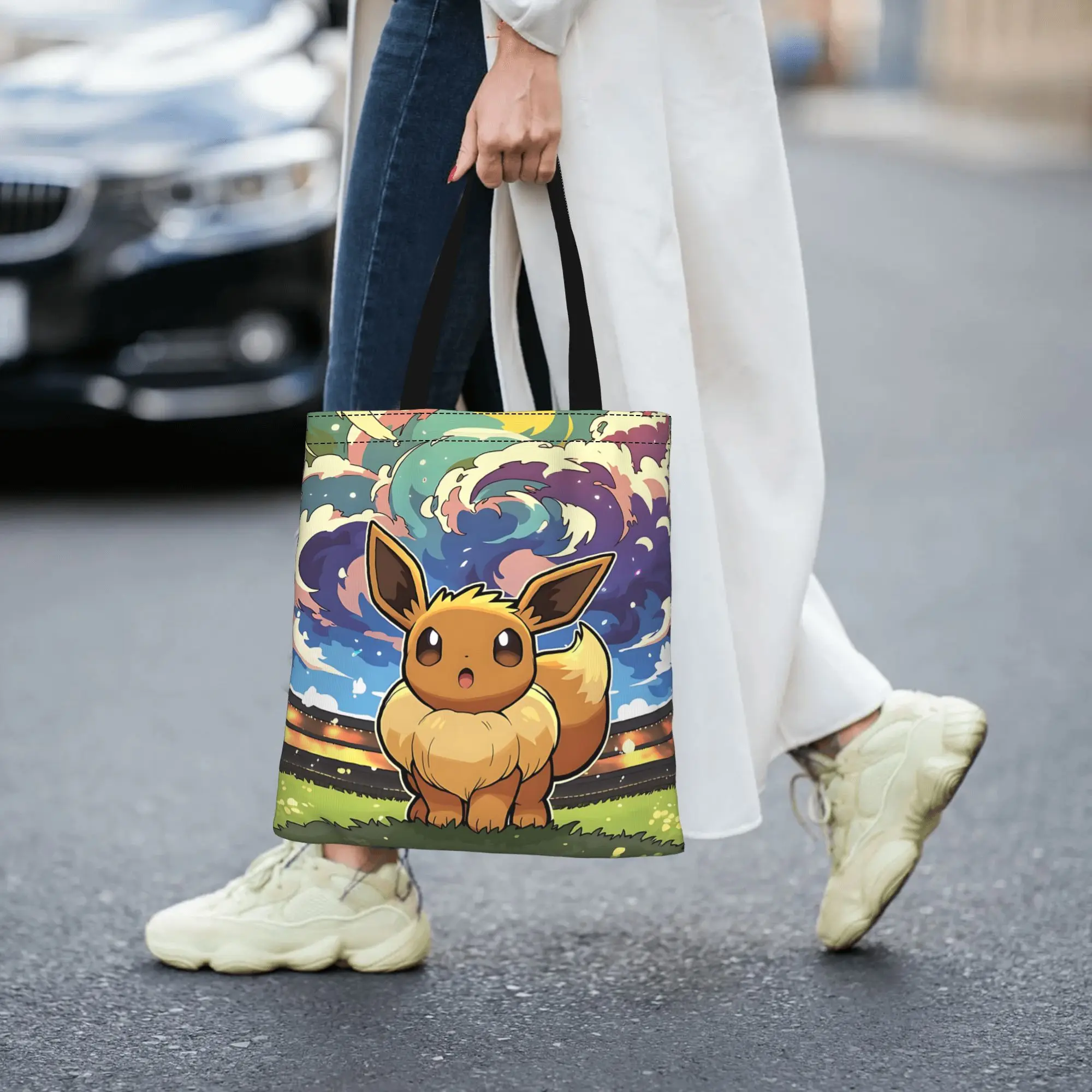 Customized pokemon Women's Bag Campus Handbag Large Capacity Eeveelution Canvas Tote Bag Foldable Chic Pattern