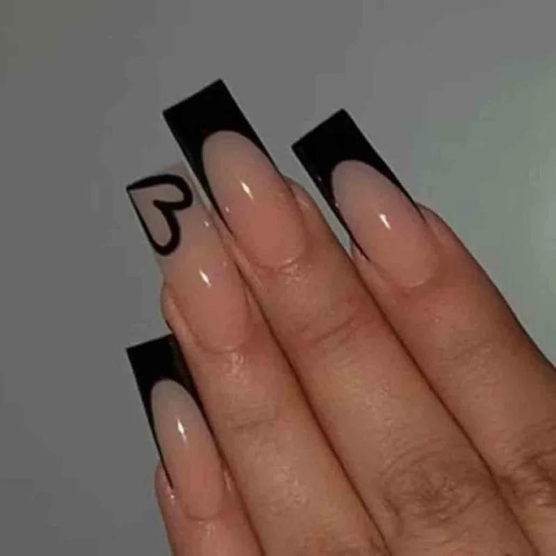 Vierkante strass zwarte tips Franse kunstnagels voor dames Wit medium glanzend Dagelijks gebruik Artificail nagels voor meisjes