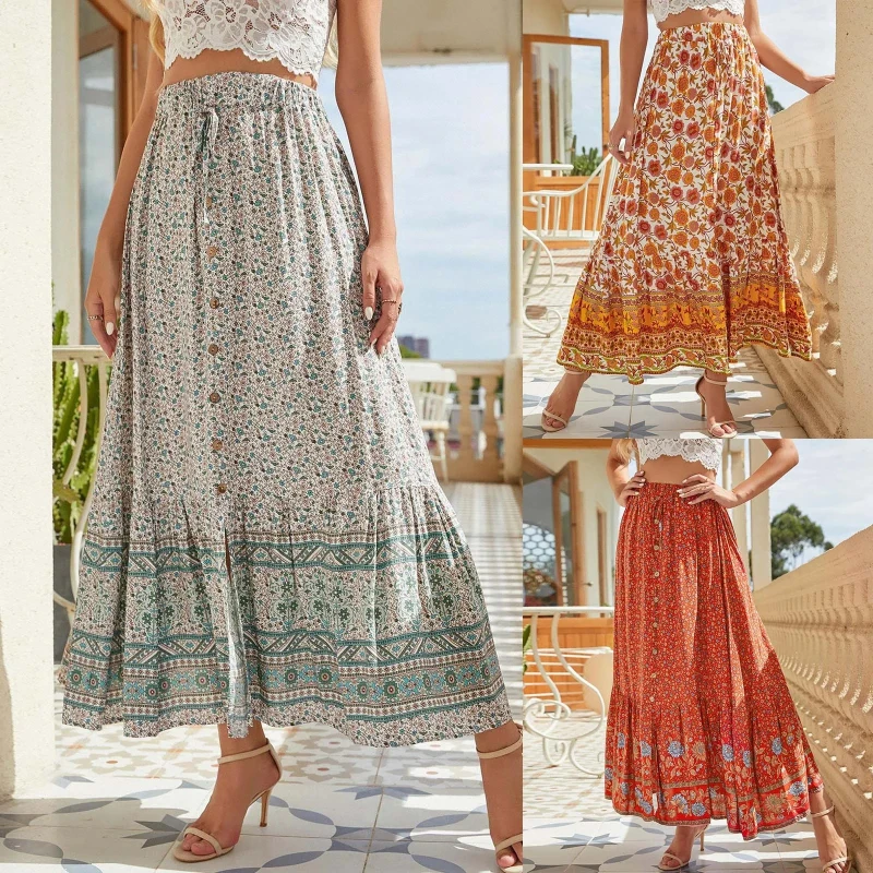 

Летняя праздничная юбка для женщин, длинные юбки с высокой талией и цветочным принтом в стиле бохо, повседневные приморские пляжные юбки с разрезом