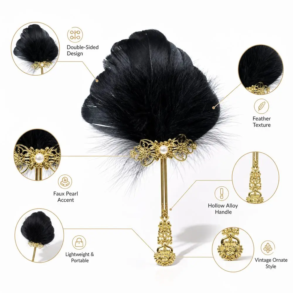 Gifts Pearl Vintage Feather Fan Alloy Dance Accessories Fairy Feather Fan Double Sided Dance Hand Fan Wedding Parties
