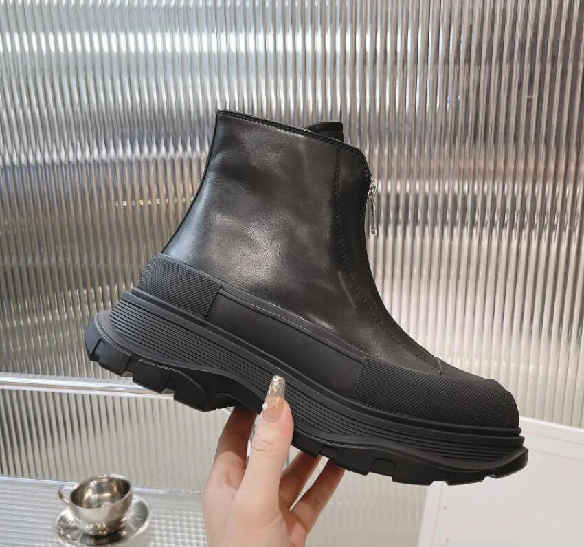 Lovers Leather Zipper Thick Sole Casual Short Boots Motorcycle Style Front Zip Height Increasing Brand Name Chelsea Bota