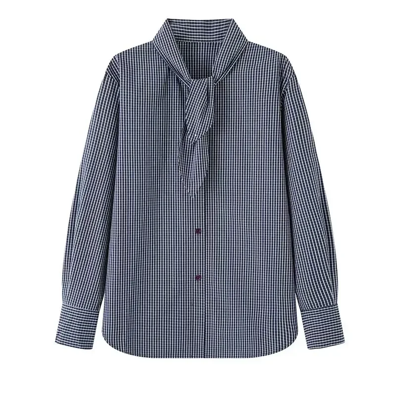 

2025 новый свободный женский топ с галстуком-бабочкой irt, дышащий повседневный топ на пуговицах в клетку для осеннего сезона