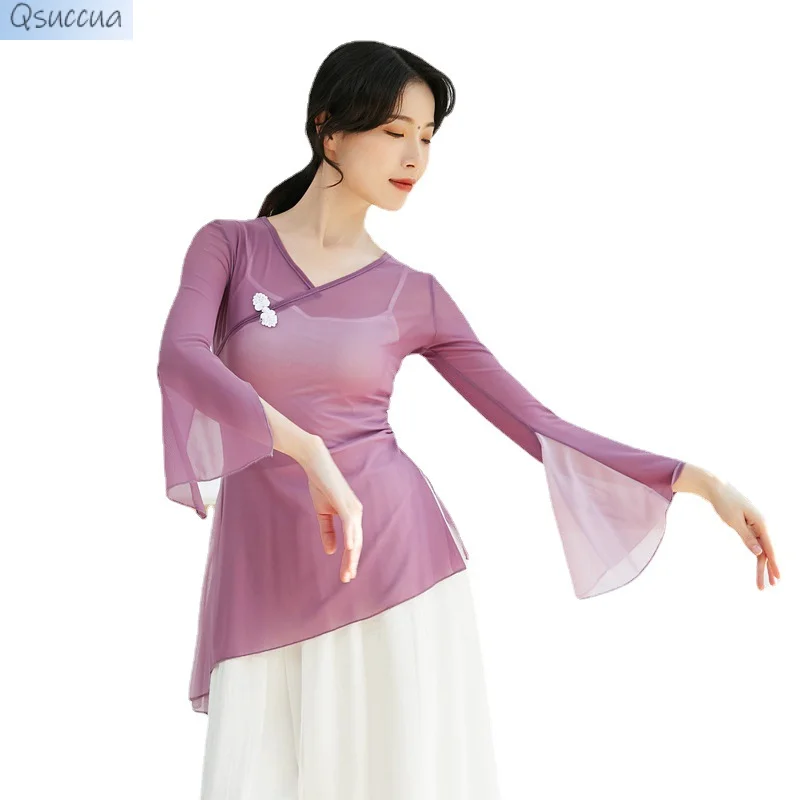 Classical Dance Ethnic Modern Body Rhyme Dance Performance Costumes Practice Color Matching Tops Women's Gauze