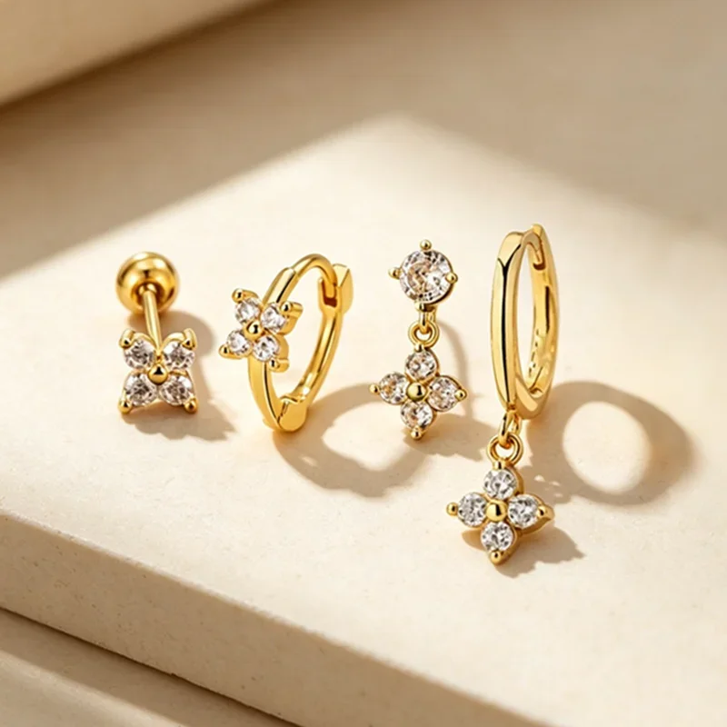 4PCS Crystal Flower Tragus Stackable Earrings Lots Fashion Chain Cartialge Piercing Earring Stack Sets Lobe Helix Jewelry Bulk