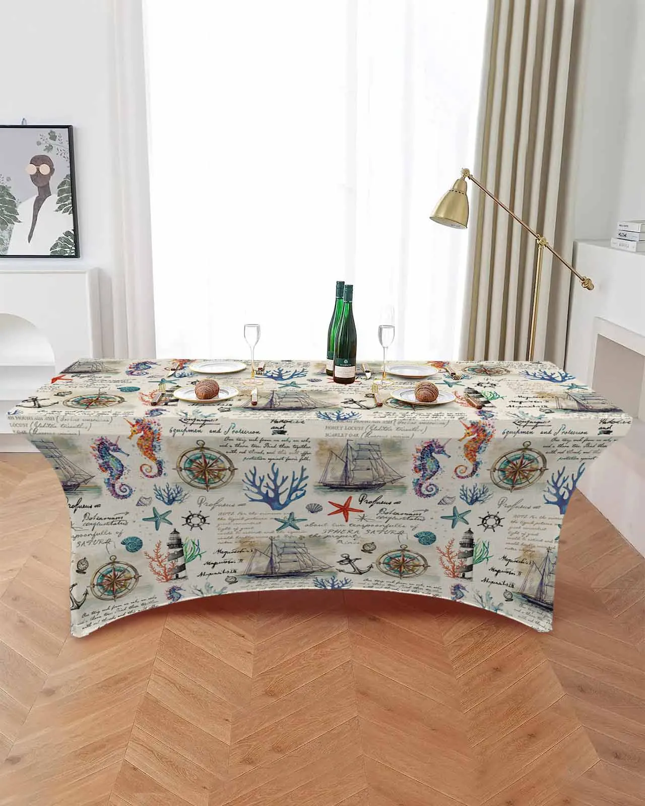 Ocean Plant Coral Sailboat Anchor Rectangular Elastic Table Skirt Wedding Hotel Table Cover Holiday Dining Table Tablecloth