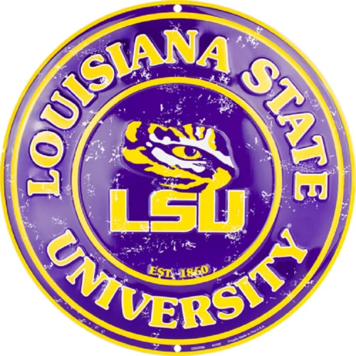 LOUISIANA STATE UNIVERSITY LSU TIGERS EMBOSSED METAL NOVELTY ROUND SIGN