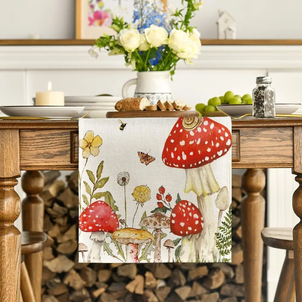 Spring Mushroom Wildflowers Butterfly Linen Table Runner Party Decor Farmhouse Kitchen Dining Table Runner Wedding Decorations