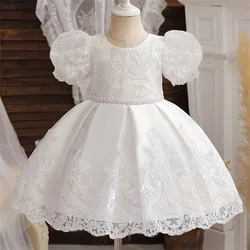 Robe de Princesse en Dentelle Blanche Brodée pour Petite Fille, Tenue de Baptême, Costume Floral, Manches Bouffantes