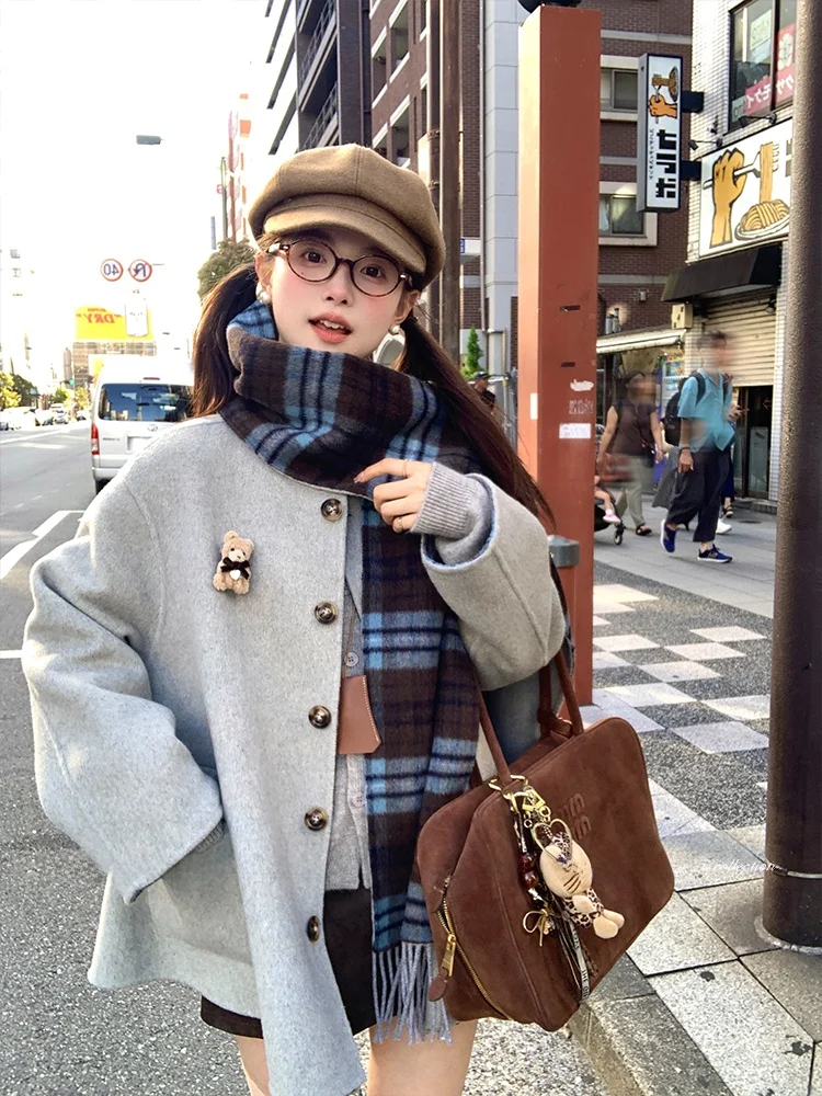 

Женское зимнее двустороннее шерстяное пальто в клетку Acaine, утепленное, прямого кроя, с длинными рукавами и круглым вырезом, в корейском стиле