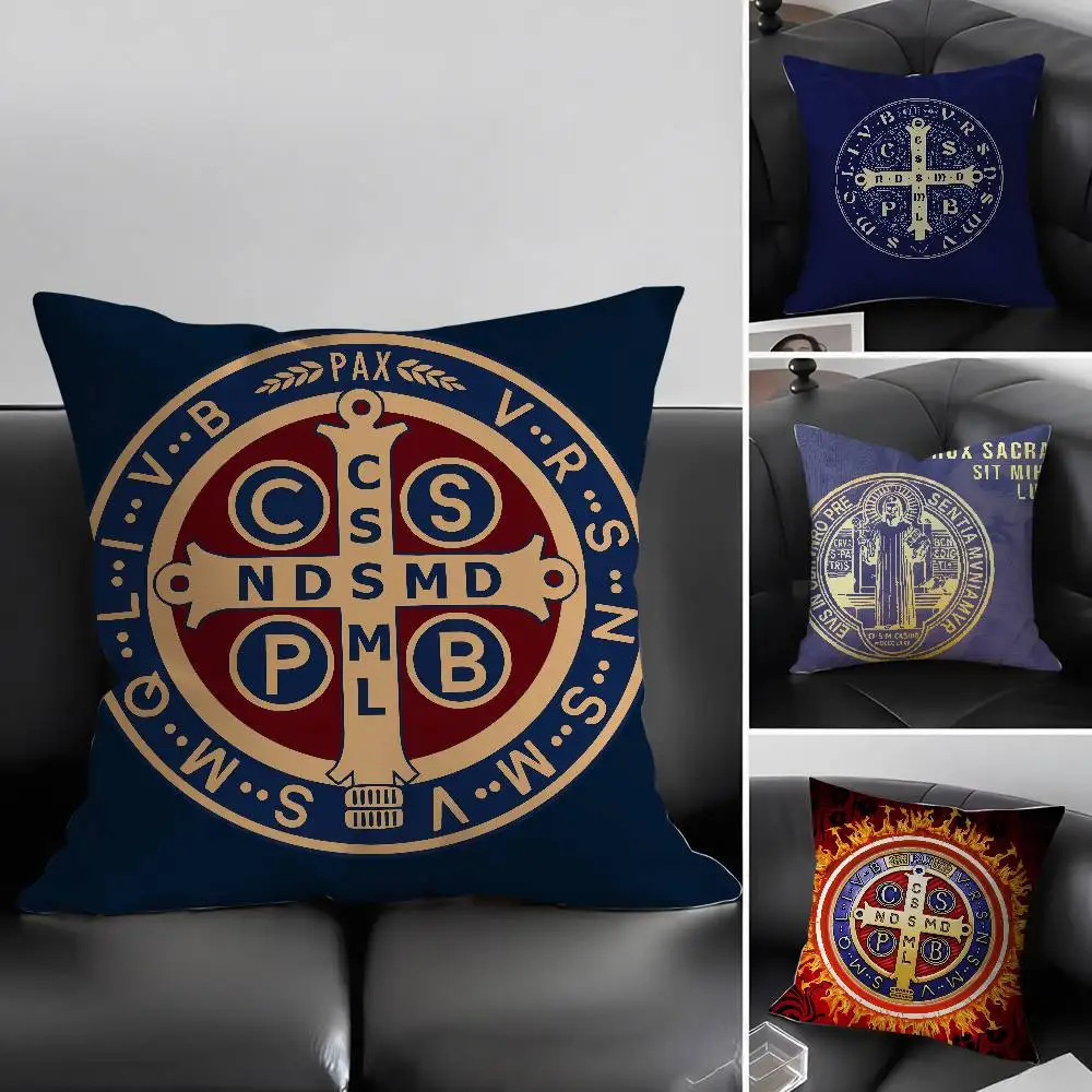 S-Saint B-Benedict Medal Pillow Case Sofa Decorative Home Double-sided Printing Short Plush Cushion Pillow Cover Holiday Gift