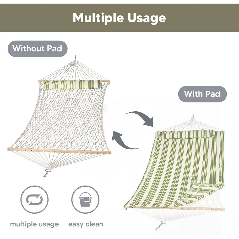Double Camping Hammock with Wooden Spreader and Polyester Pad, Green & Beige