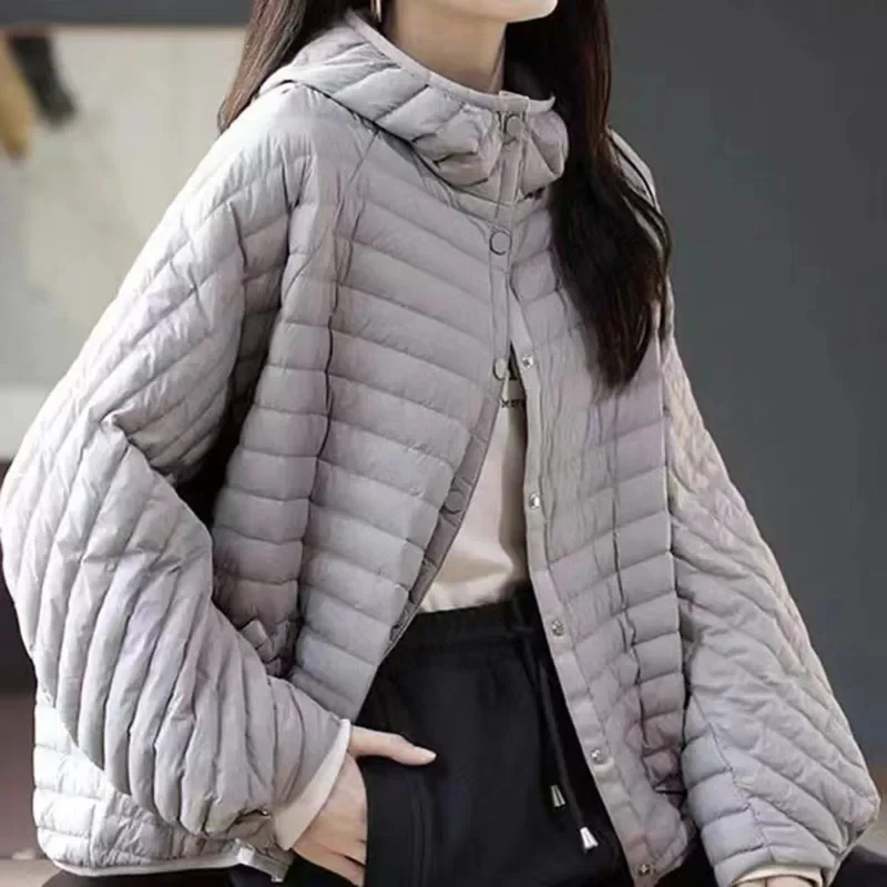 Women Ultralight White Jacket with Hood Over Size Loose Casual Autumn Winter Outwear Coat 2024 New