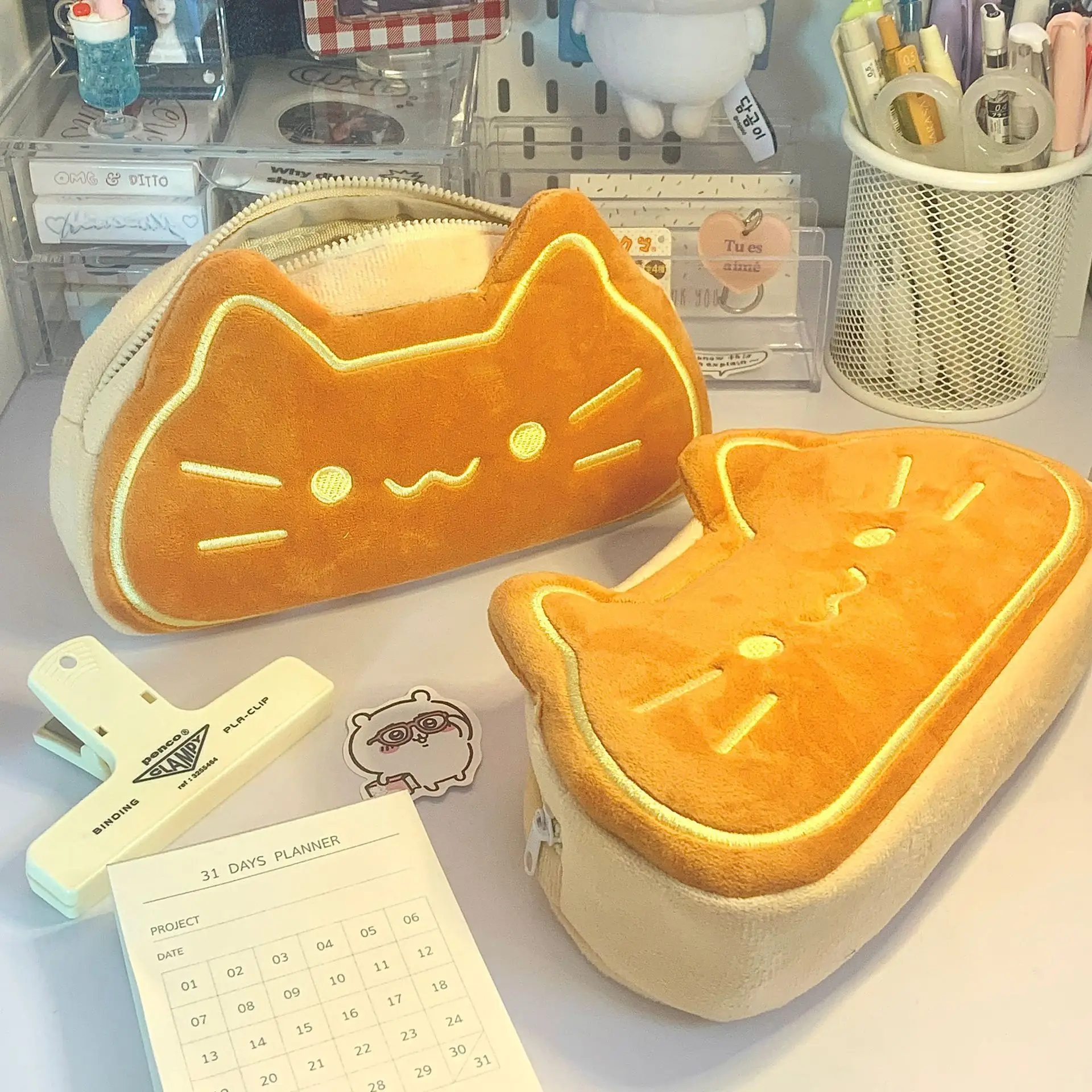 

Ins Style Cute Caramel Cat Plush Pencil Storage Bag Large Capacity Cartoon Pen Organizer Bag School Supplies 1pc