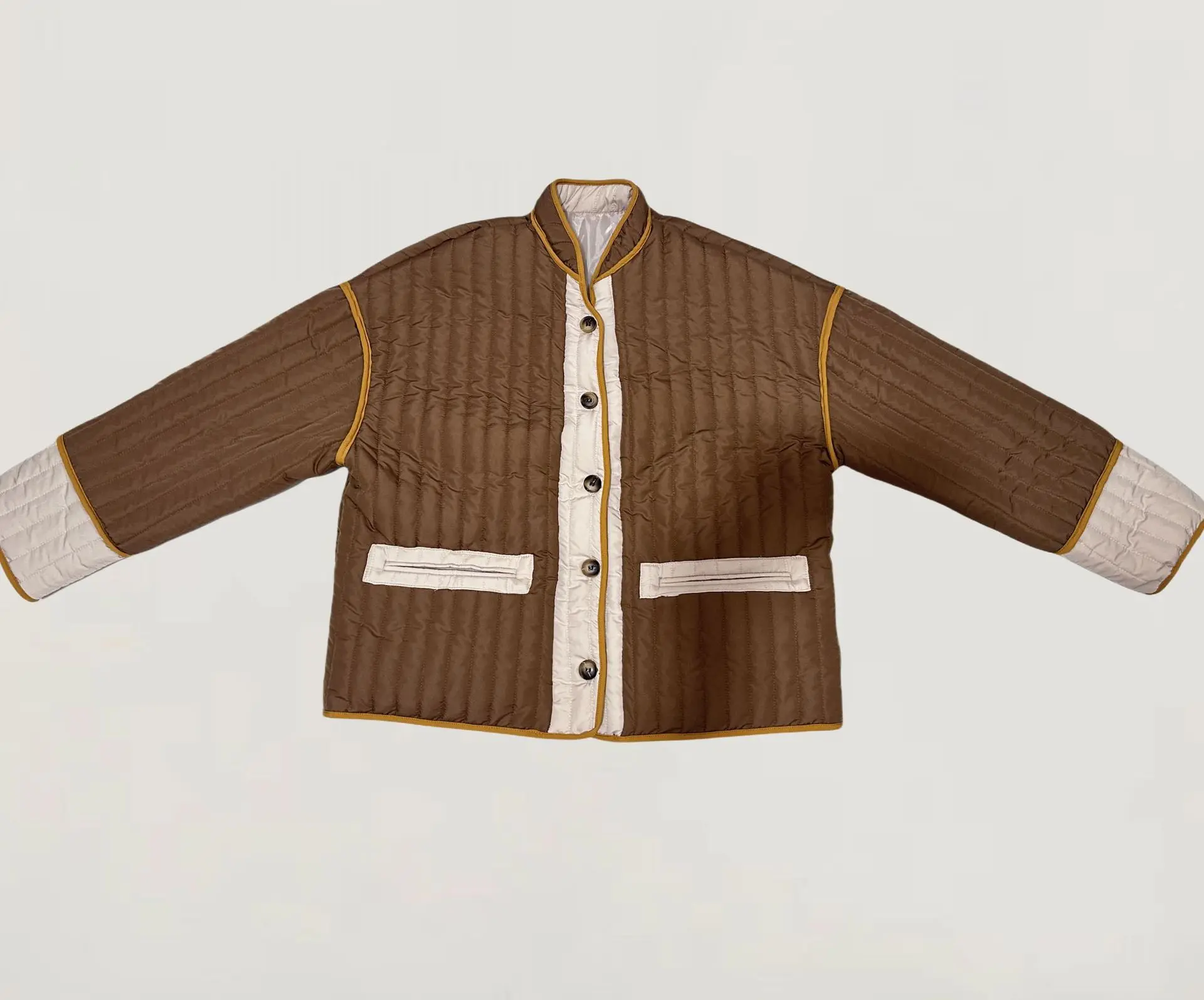 Damska elegancka kurtka z bawełny z kontrastowymi wstawkami, stójką, zapinana na jeden guzik, z kieszeniami, płaszcz na jesień i zimę, stylowa odzież wierzchnia.