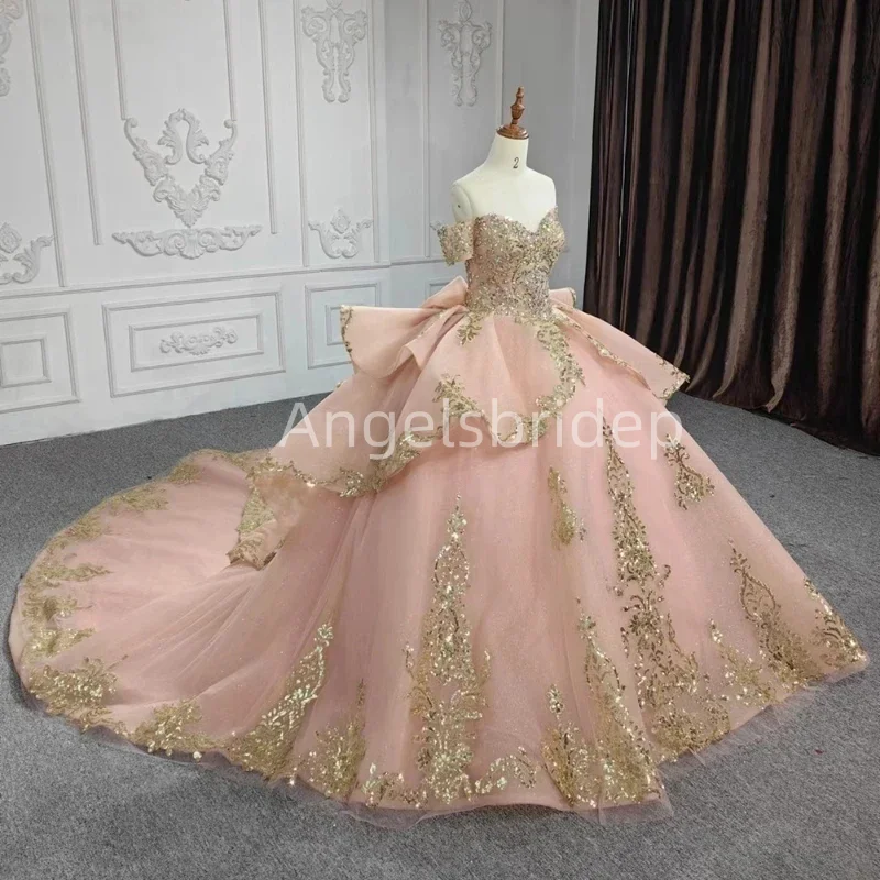 

Angelsbridep Pink Off Shoulder Vestidos De Fiesta Ball Gown Quinceanera Dress Evening Party Dresses With Gold Appliques