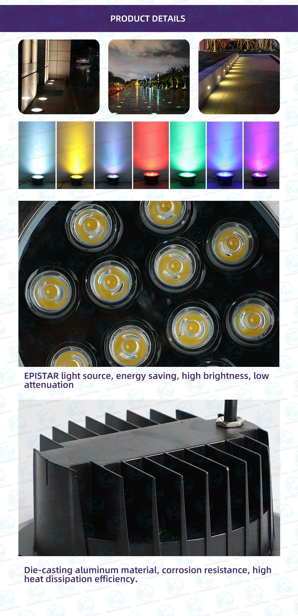 RGB Color LED Pool Light Underwater Waterproof Flat Pc Material Fiber Optic Surface Mounted Swimming Pool Light