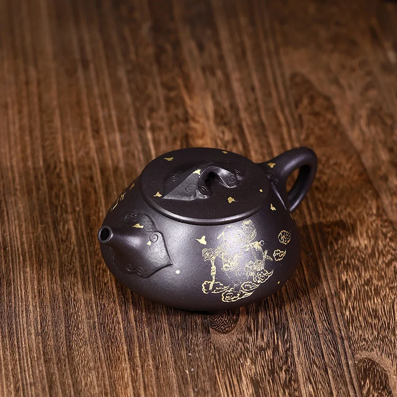 Drop-Shipping Yixing Pure Handmade Raw Ore Purple Clay Teapot With Gold Detailing Stone-Shaped Teapot High-End Tea Set