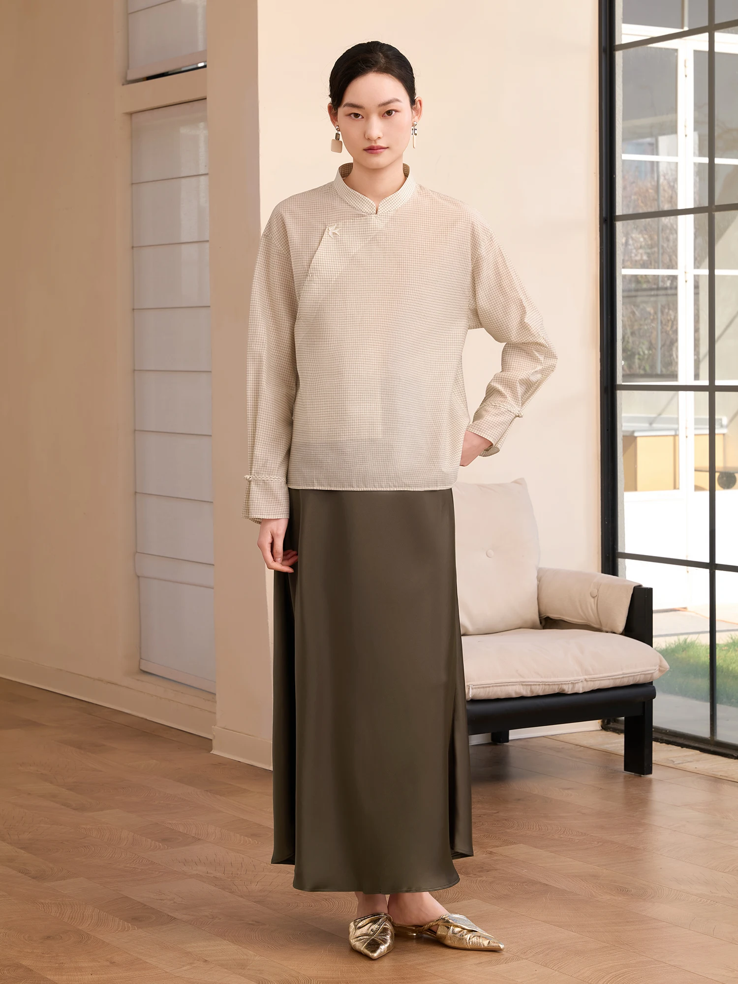 Silk Cotton Spring New Style Women's Shirt Stand Collar Asymmetrical Button up Breathable Comfortable Geometric Patterned