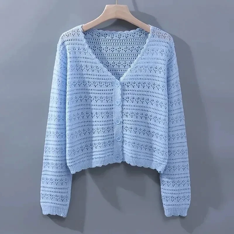 New Spring Summer Hollow-Out Ice Silk Cardigan Women\'s V-Neck Short Loose Sweater Coat Ladies Casual Knitwear Sun-Proof Tops