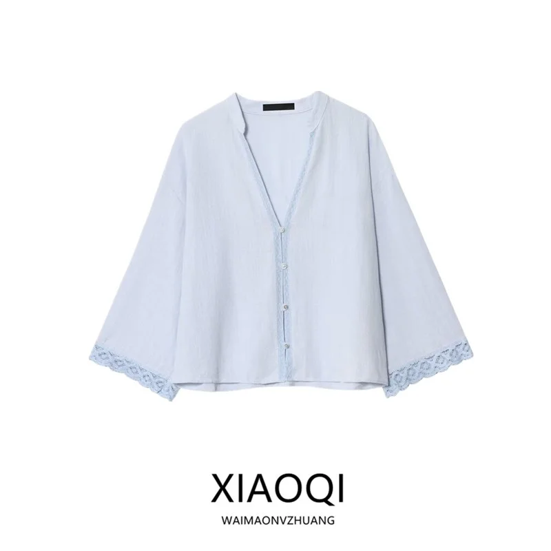 2025年秋新作 レディース リネン混紡 レース 長袖 Vネック シャツ 快適 通気性 ゆったり コットン ポリエステル混紡
