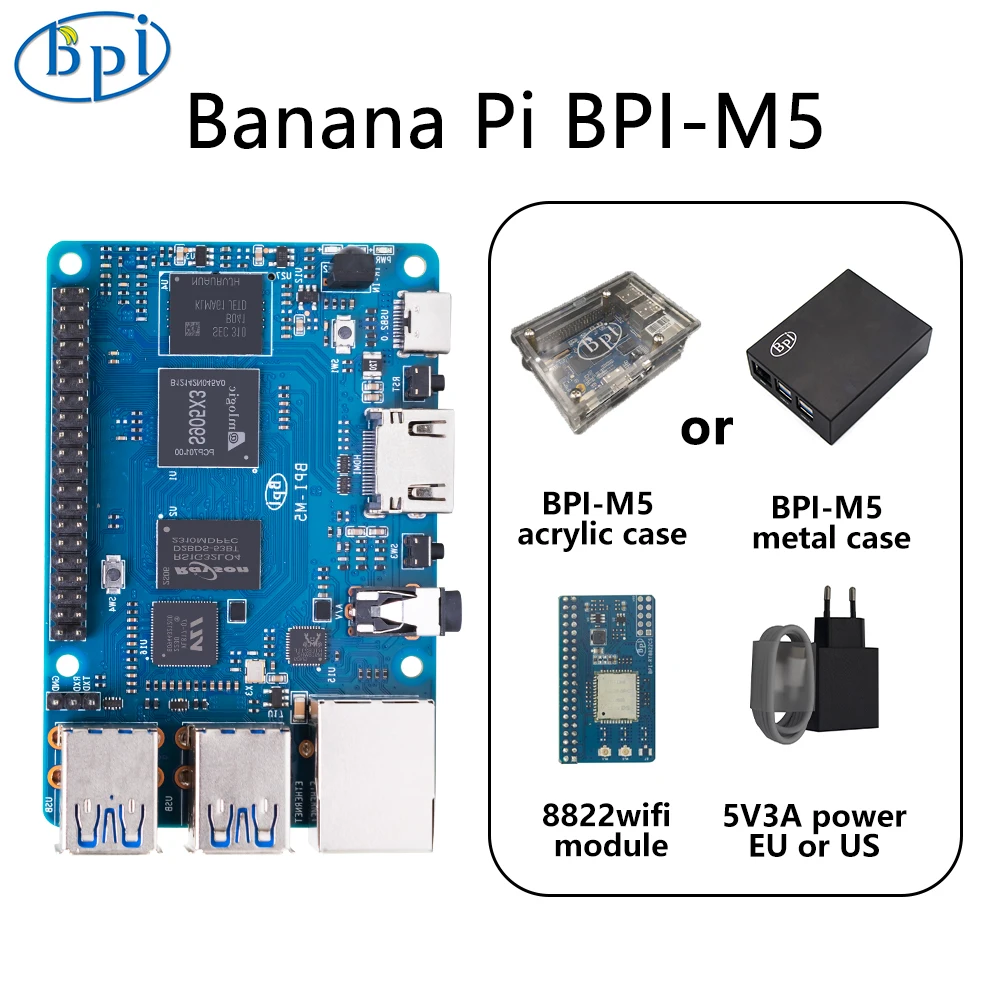 Banana PI BPI-M5 SET With Case Power Amlogic S905X3 Quad Core ARM Mali G31 4GB LPDDR4 RAM 16GB eMMC Flash Support Linux Debian