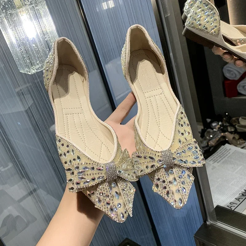 2024New Spring And Autumn Fashion Rhinestone Shallow Mouth Pointed Flat  With Bow Knot Outdoor Casual Comfort Women's Shoes