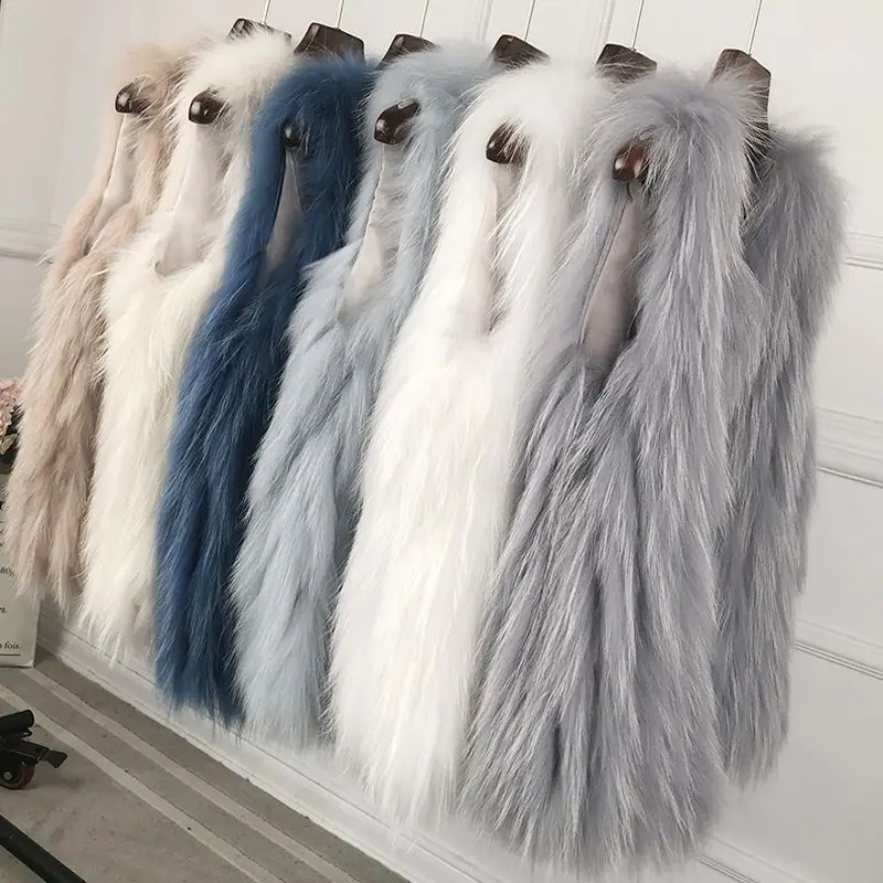 

2023 Women Autumn Winter New Faux Raccoon Fur Vest Female V-neck Warm Sleeveless Coats Ladies Short Imitation Fur Vest Y493