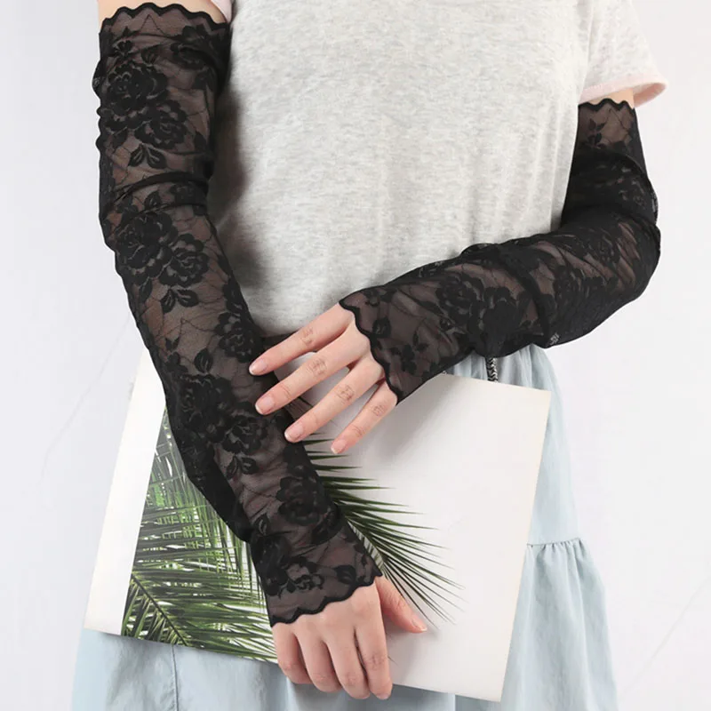 

Fashion Long Lace Flower Gloves Hollow-Out Fingerless Fake Sleeves Women Arm Sleeves Mesh Lace Thin Black White Beige Gloves