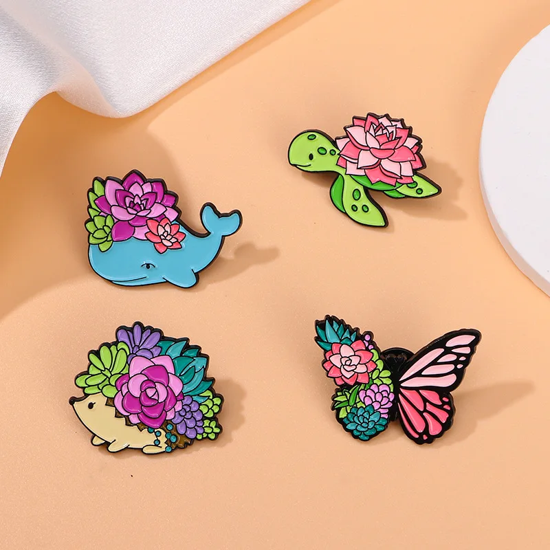 

4PCS Succulent Plant Enamel Badge Colorful Flower Animal Butterfly Turtle Hedgehog Whale Metal Pins For Backpack Hat Accessories