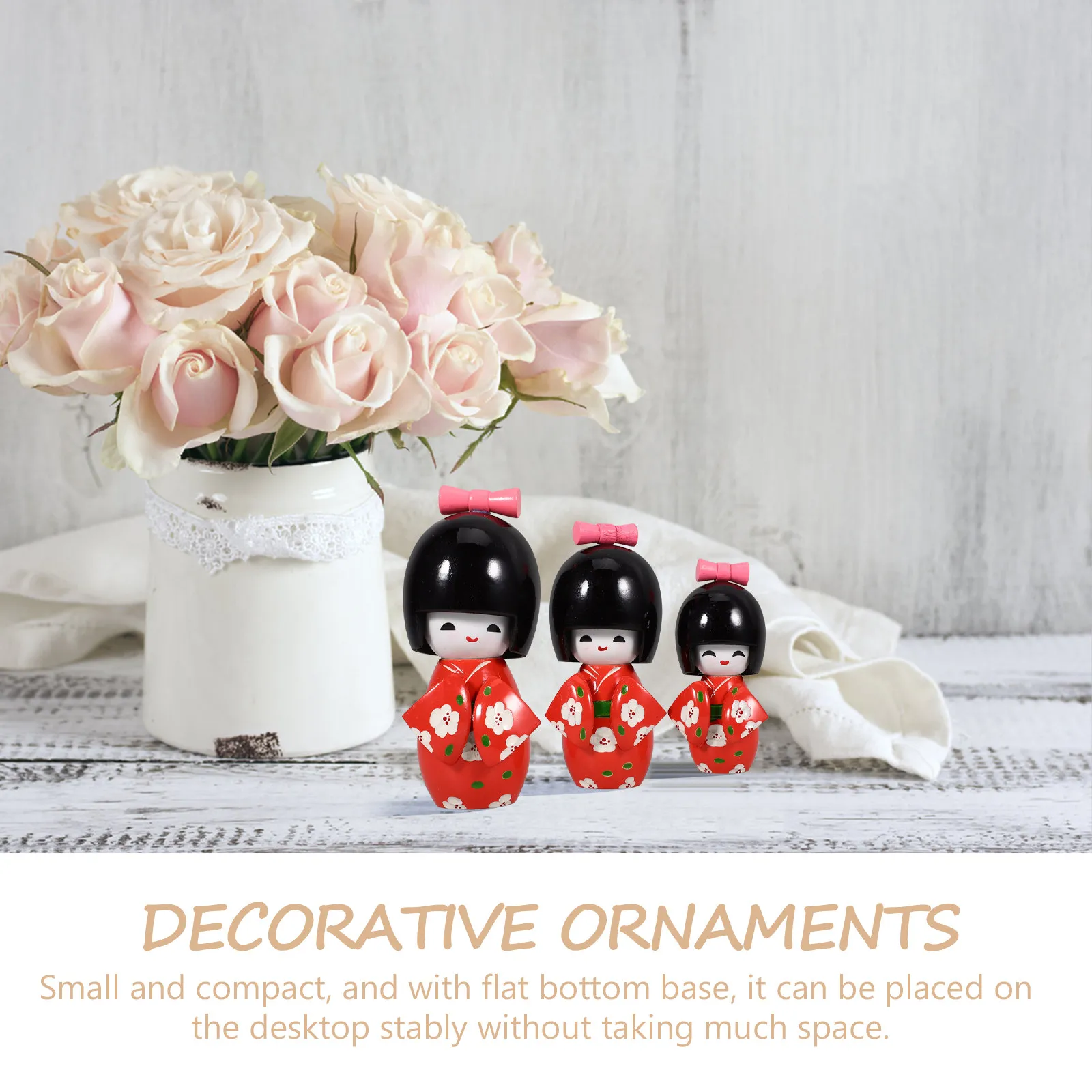 3Pcs Japanese Wooden Decor Traditional Kimono Statue Artistic Breath Delicate Appearance Design Indoor Adornment