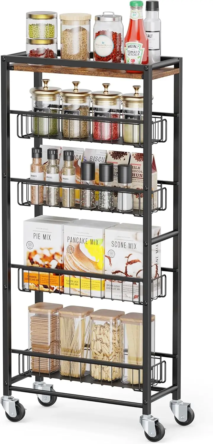 

Slim Rolling Cart with 4 Pull-Out Baskets - Versatile Storage for Kitchen, Pantry & Bathroom in Dark Black