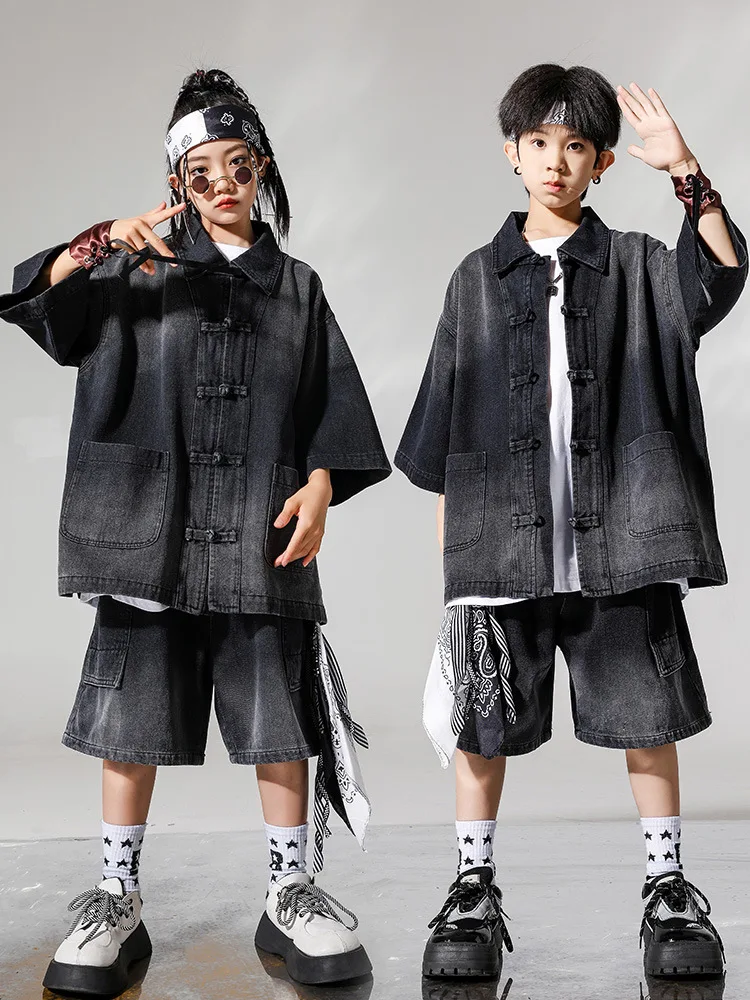 Kind Hip Hop Kleidung Set Jungen Street Dance Kostüm Mädchen Jazz Modern Dance Anzug Farbverlauf Blau Shirts Shorts Kpop Show