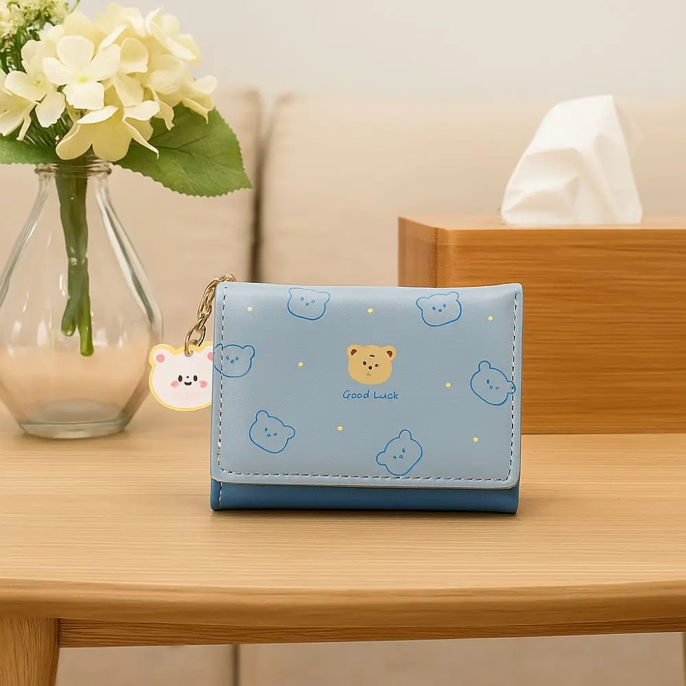 محفظة محمولة مطبوعة على شكل دب كرتوني قابلة للطي محفظة قصيرة ناعمة متعددة الفتحات حافظة بطاقات للطلاب