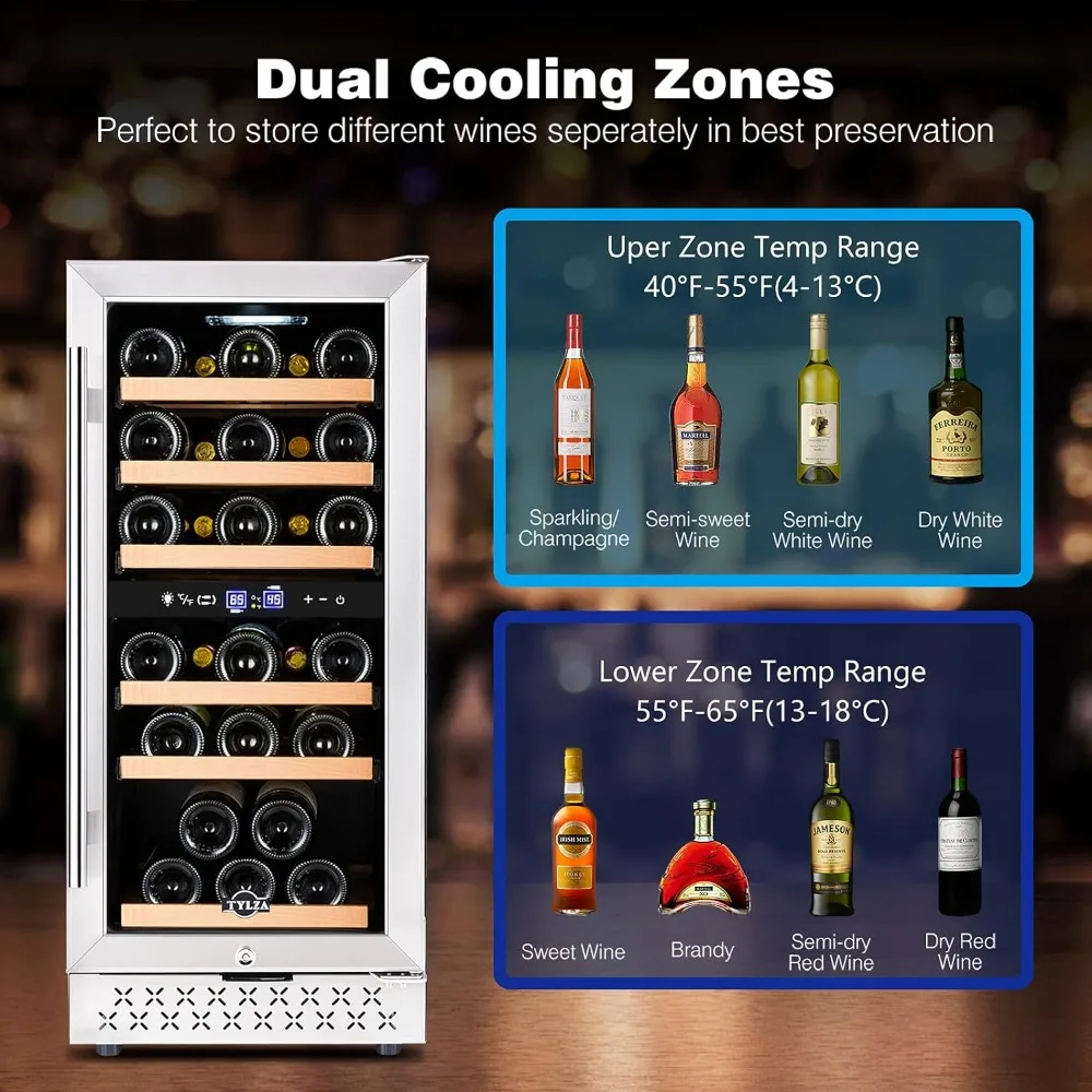 Mini Fridge 15 Inch Wine Cooler Under Counter, 30 Bottle Dual Zone Wine Fridge with Stainless Steel, Wine Refrigerator