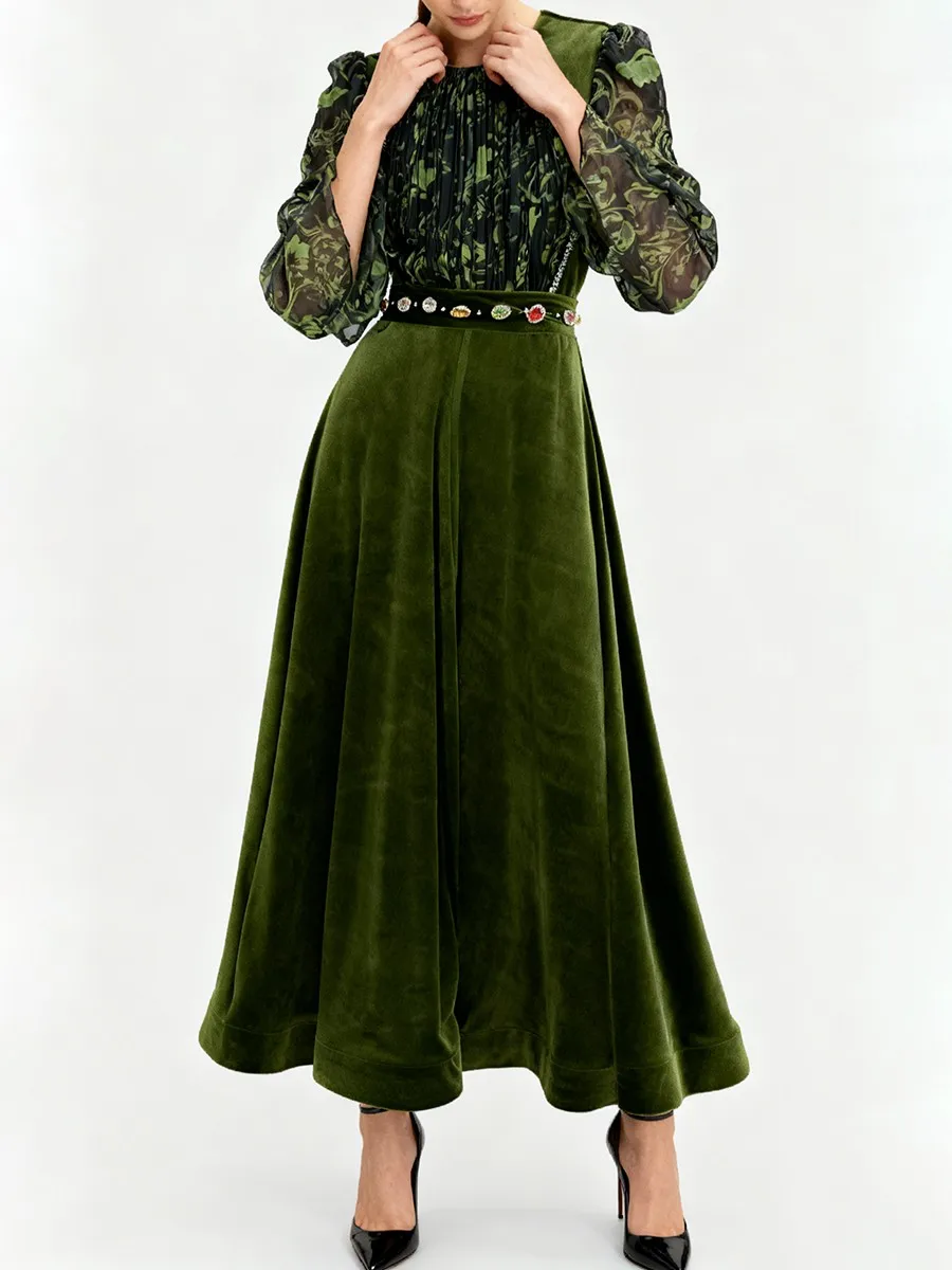 ชุดเดรส TWOTWINSTYLE ลายพิมพ์ ทรงเข้ารูป แต่งลูกปัด ดีไซน์หรูหรา สำหรับผู้หญิง คอทรงโอ แขนยาว ผ้าซีทรู แต่งระบาย