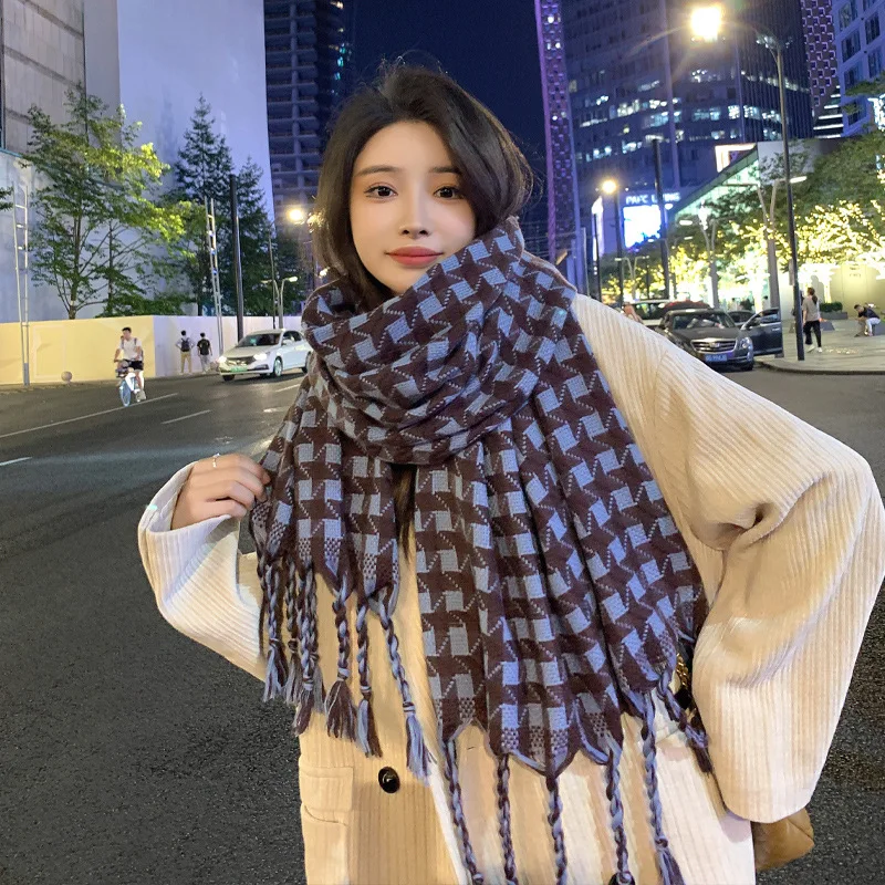 

Autumn winter 2022new cashmere like women's scarf plaid fried dough twist braid tassel fashion scarf thickened warmth with shawl