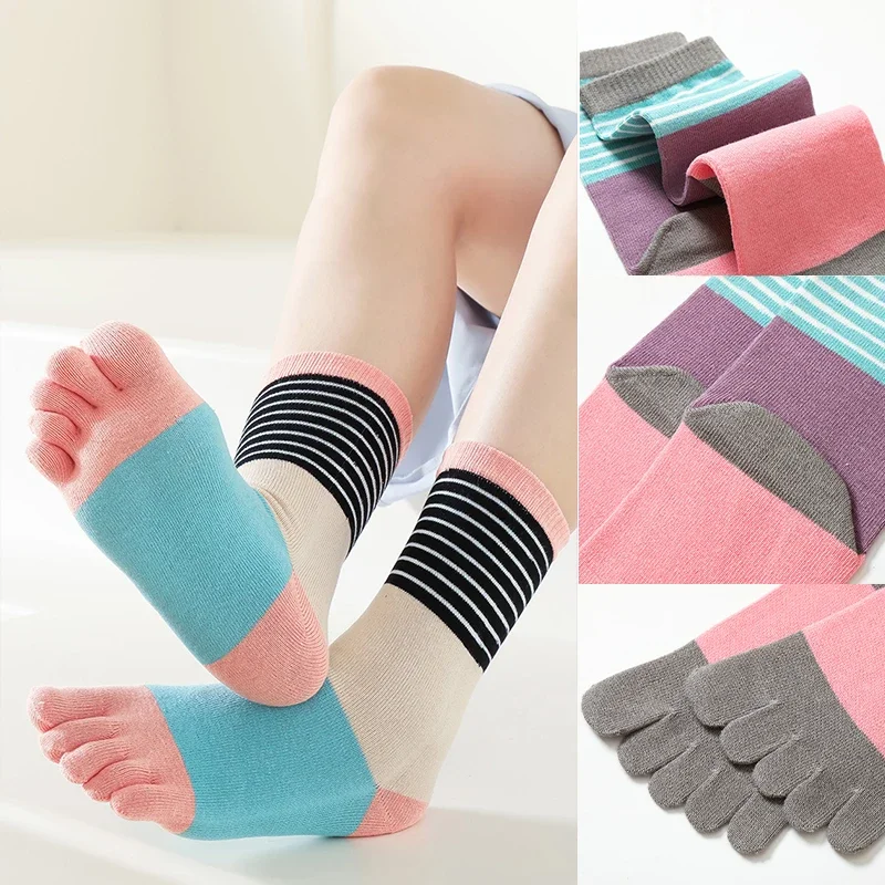 

1 Pairs Women Cotton Five Finger Socks Colorful Stripes Split Toe Sports Socks kawaii Harajuku High Tube Five-Toe Split Toe Sock