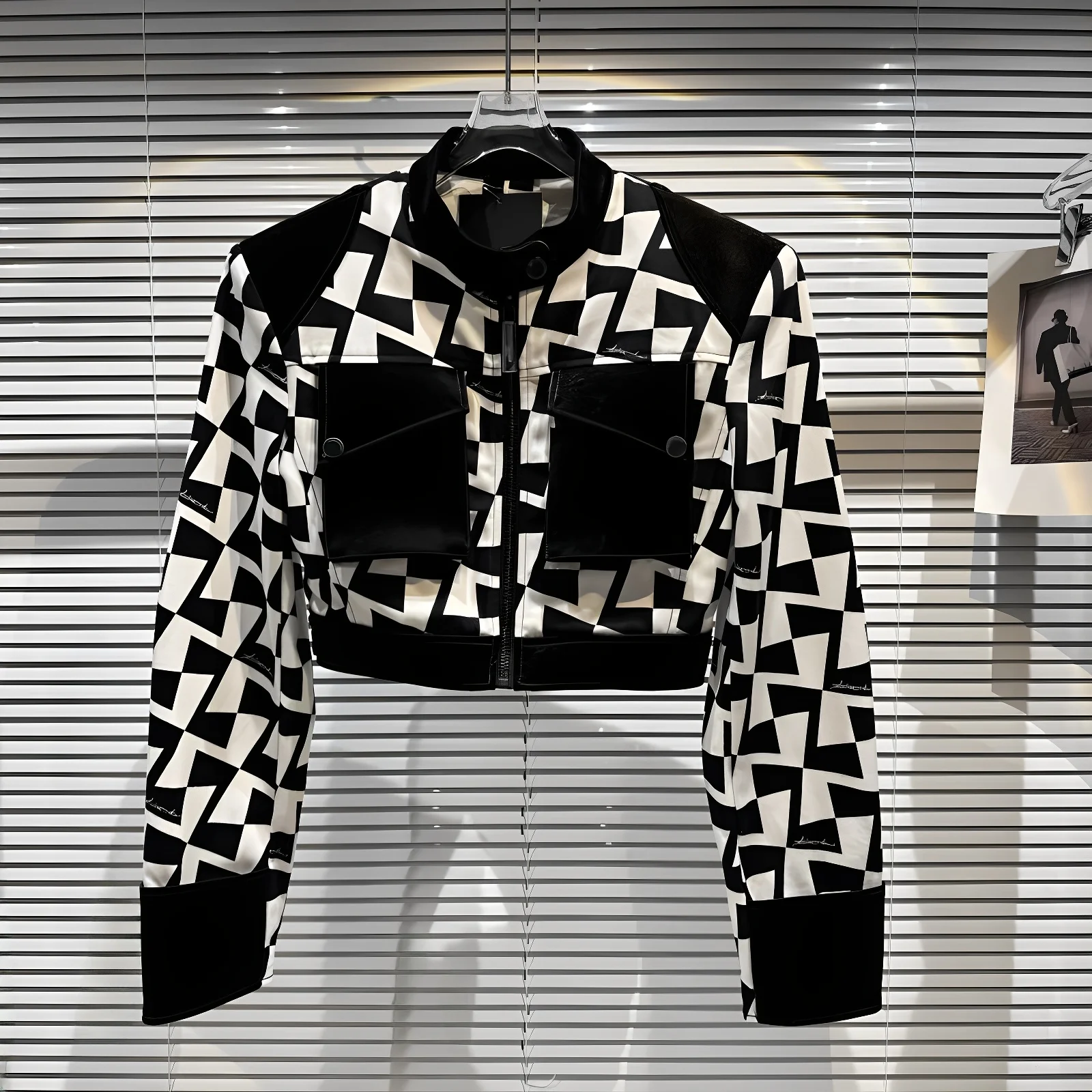 

Модный Bla White Plaid oulder Pad Кожаный Jaet ort Верхняя одежда Воротник-стойка Spicy Girl Sle Commute Wind Regular Sve