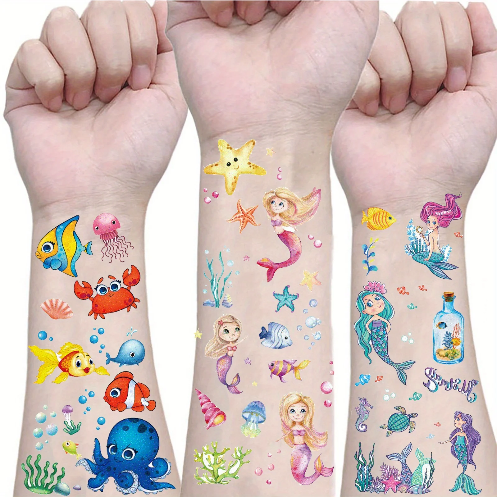 12 Sheets Tattoo Sticker Glitter Mermaid Ocean Sea Animals Temporary Tattoo Stickers, Cute Design Waterproof Fake Underwater