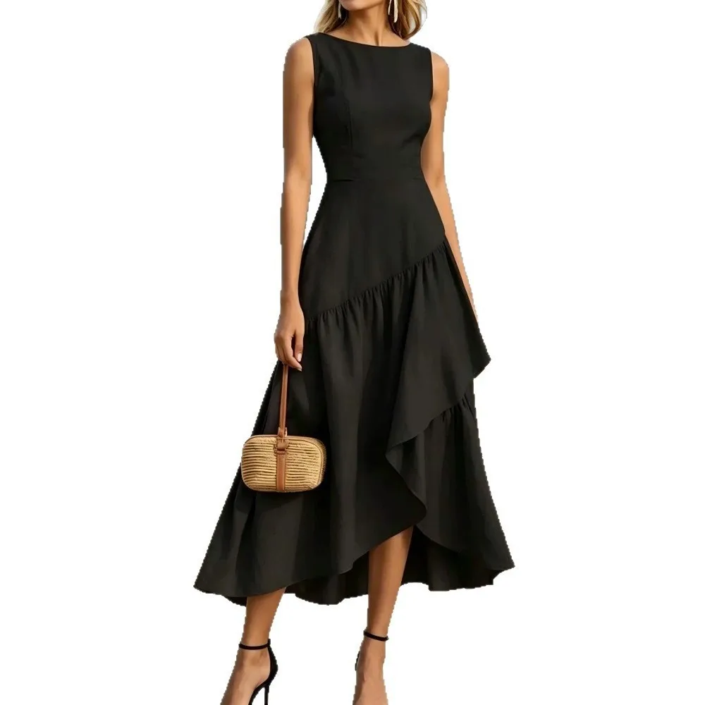 Summer Woman Dress Elegant Women's Patchwork Dresses Sleeveless Maxi Dress Asymmetrical Hem Ruffled Skirt Long Beach Dress