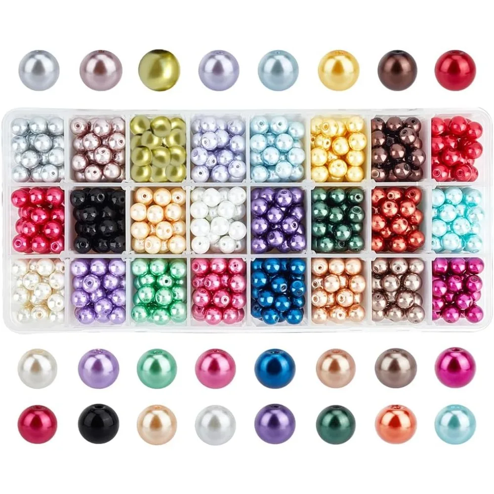 600pcs 24 Color Glass Pearl Beads 8mm Pearlized Beads Craft Loose Faux Pearls Satin Luster Beads Environmental Dyed Round