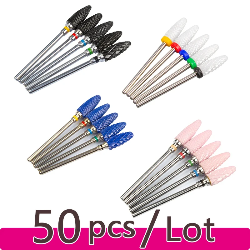 50PCS Ceramic Nail Drill Bits Gel Polish Remover Tools 3/32 Inch Nail Art Files Cuticle Milling Cutter For Manicure Nail Bits