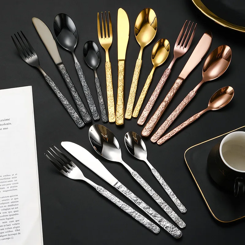 European Stainless Steel Tableware Set Fork Spoon Knife Teaspoon With Stone-patterned Handle Tableware For Wedding Party Family