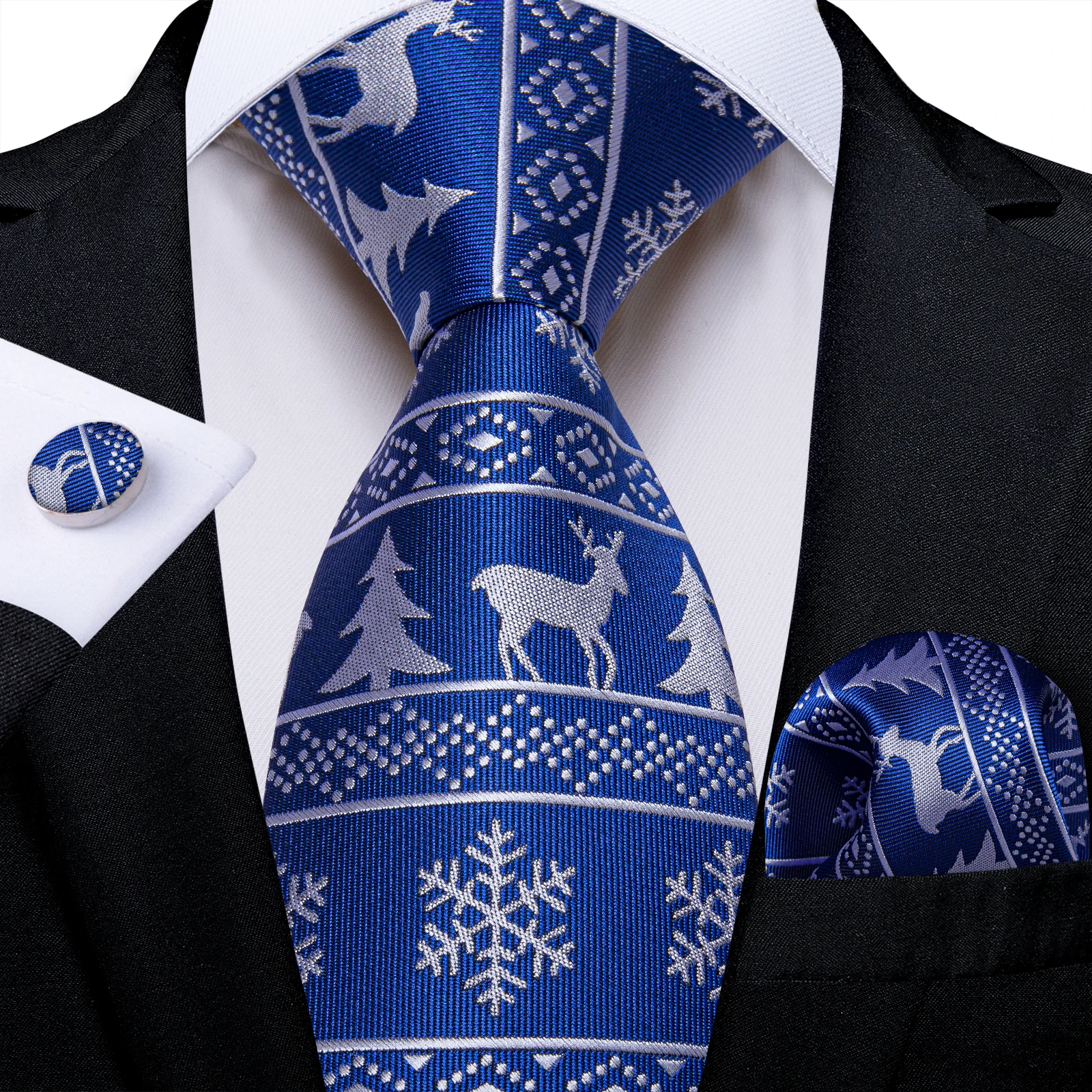 

2023 Blue Christmas Ties for Men Family Party Accessories 8cm Tie Set Gift Handkerchief Cufflinks Wholesale Dropshipping