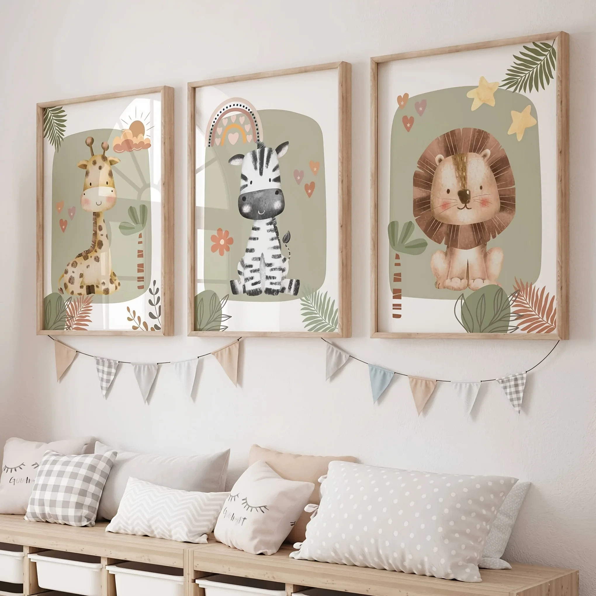 3pcs/set Giraffe Lion & Zebra Animal Canvas Print Safari Wall Art Kindergarten Poster for Modern Living Room Nursery Home Decor